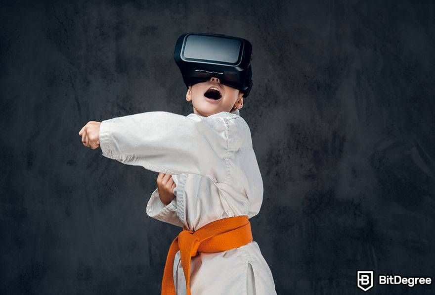 Metaverse laws: kid with karate uniform in VR goggles.