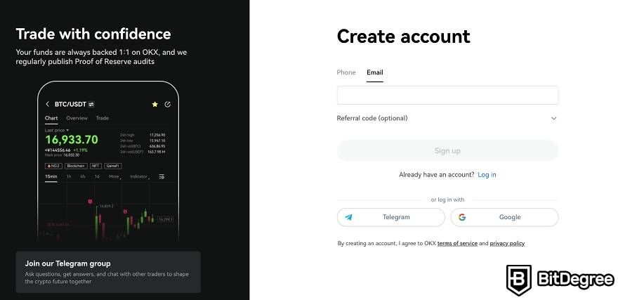 OKEx exchange review: creating an account with OKX.