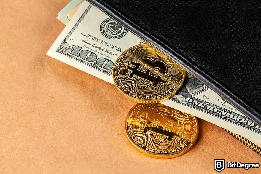 Tiền pháp định trong tiền điện tử là gì: các tài sản khác nhau được hiển thị một nửa bên trong ví đen.