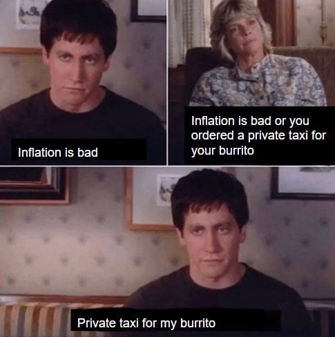 Meme about inflation's impact on everyday expenses and humor in absurd situations.