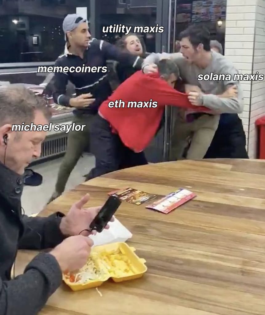 Meme about the rivalry between different cryptocurrency advocates.