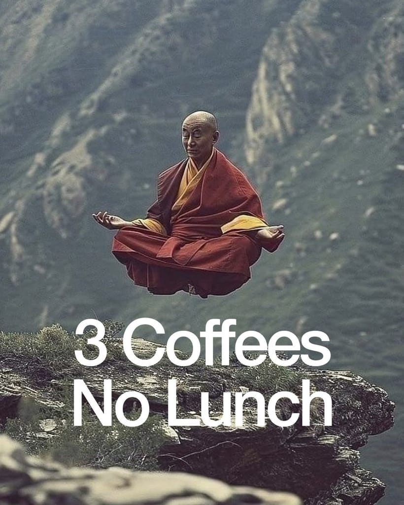 Meme about caffeine dependence and the struggle of skipping meals.