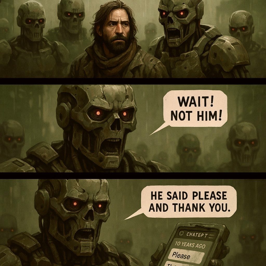 Meme about a robot showing unexpected compassion over polite language.