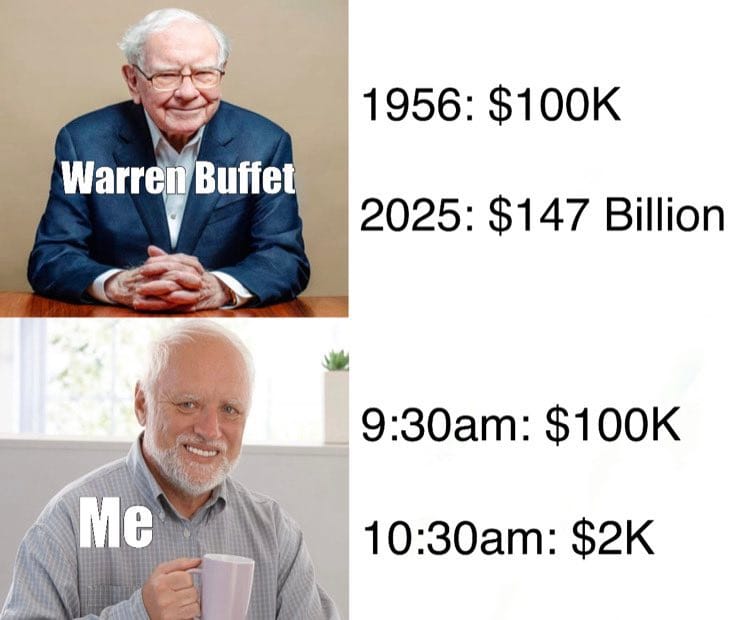 Meme about contrasting financial success over time with personal struggles.