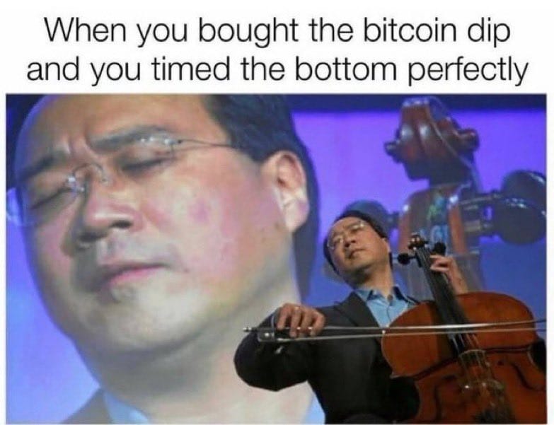 Meme about the joy of successfully investing in bitcoin at the right moment.