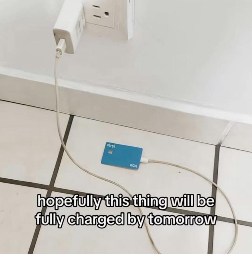 Meme about the struggle of waiting for devices to charge overnight.