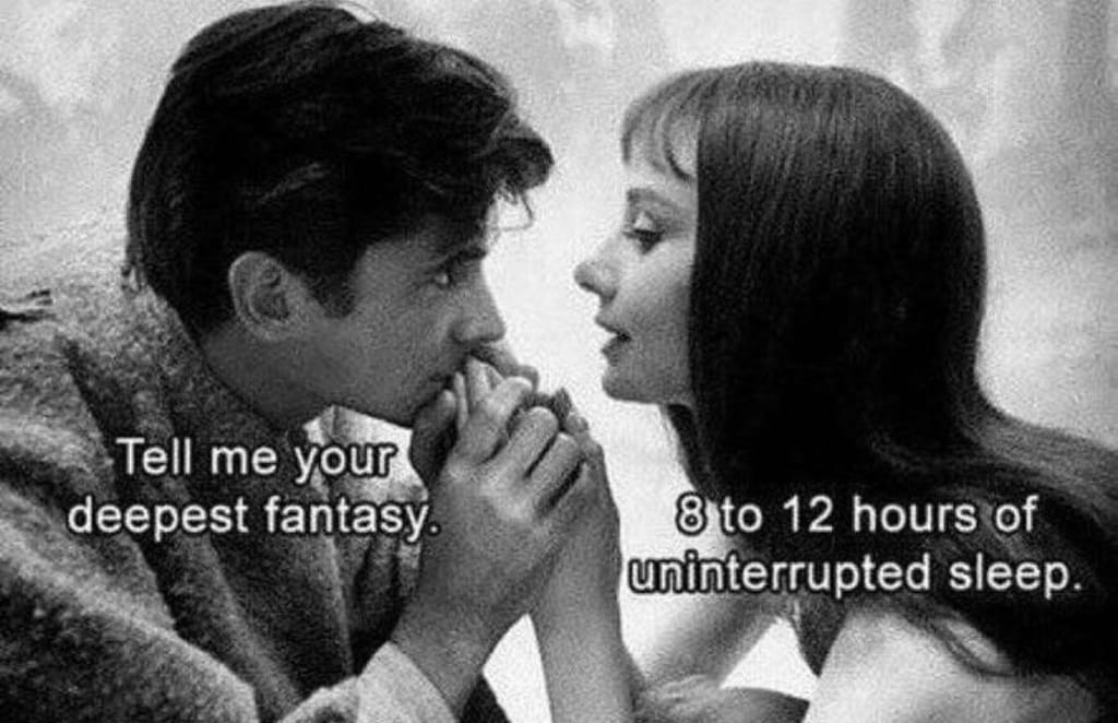 Meme about the contrast between romantic desires and the need for sleep.