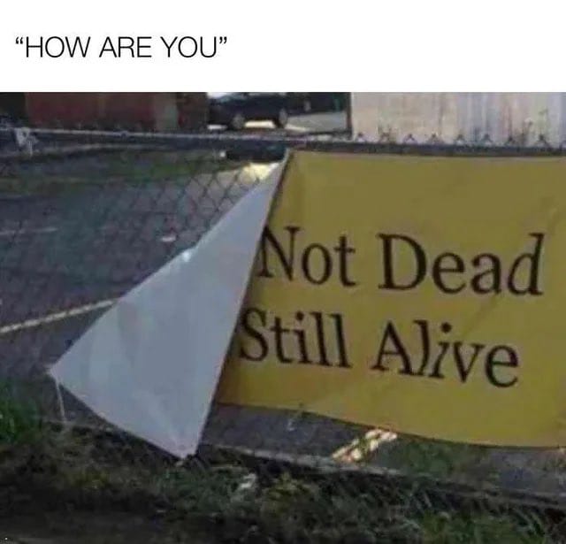 Meme about the unexpected resilience of being alive in a humorous context.