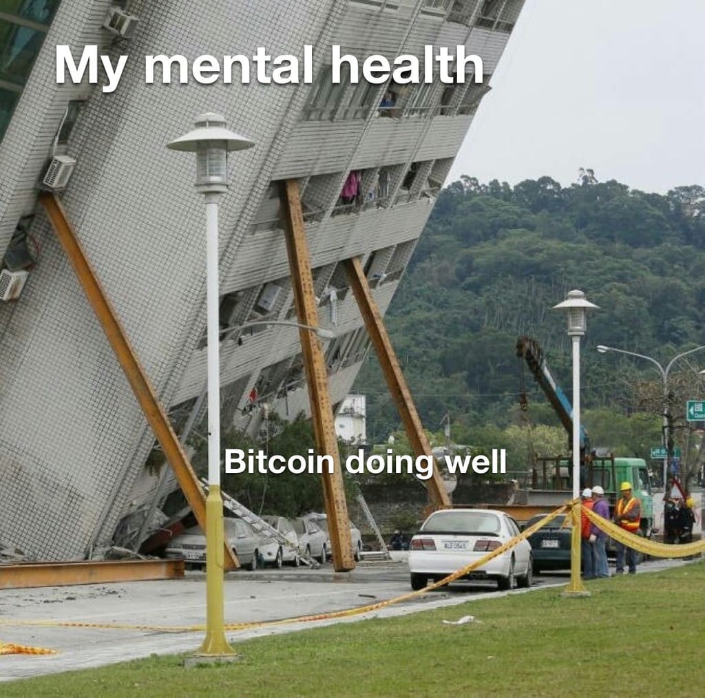 Meme about contrasting mental health struggles and cryptocurrency success.