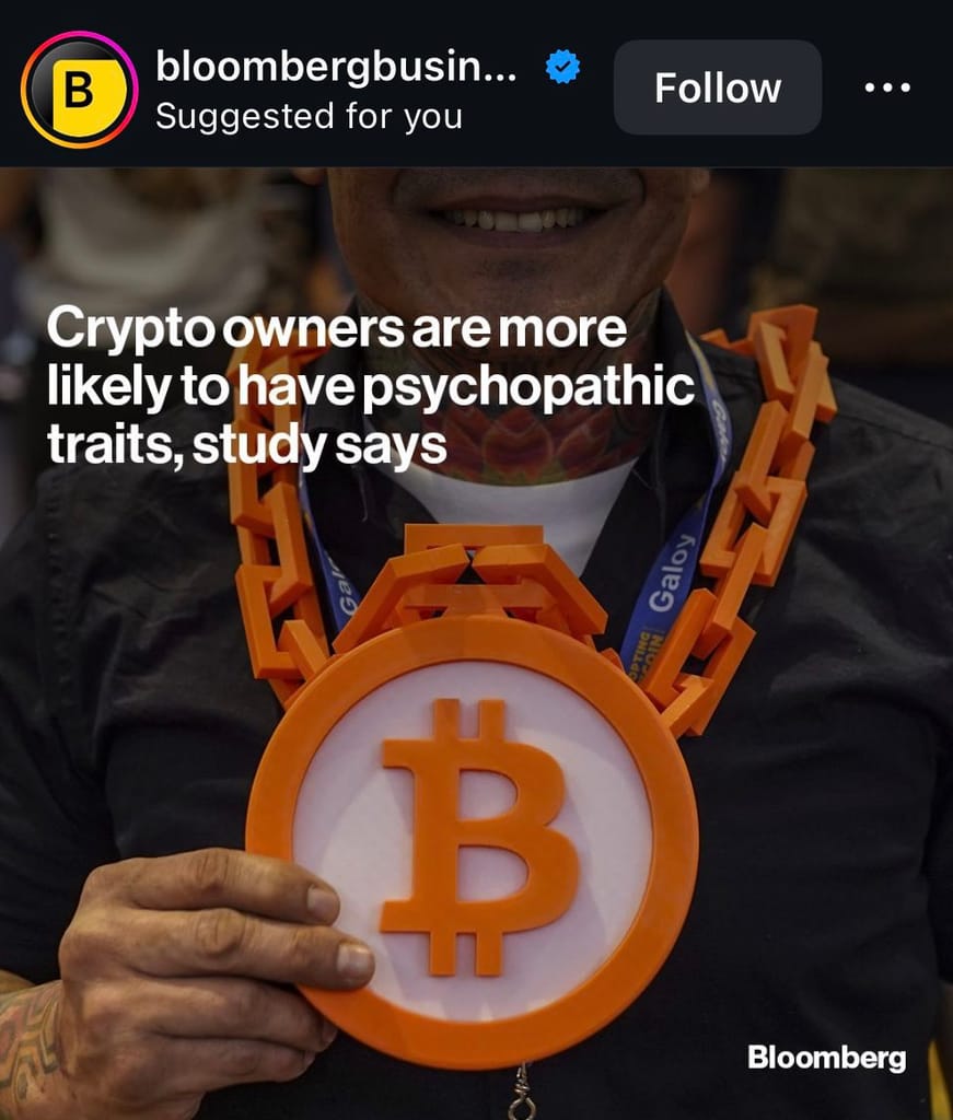 Meme about the psychological traits associated with cryptocurrency ownership.