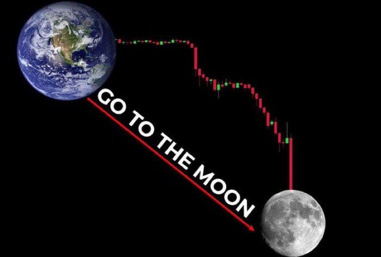 Meme about cryptocurrency price trends and the notion of "going to the moon."