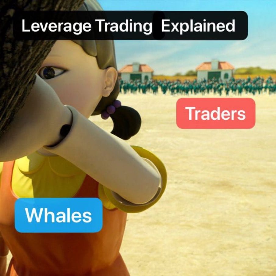 Meme about the dynamics between whales and small traders in leverage trading.
