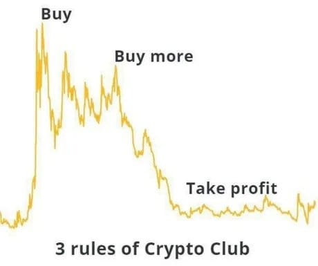 Meme about the ups and downs of cryptocurrency investing strategies.