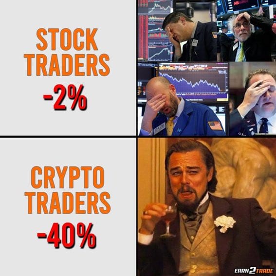Meme about the contrasting losses of stock and crypto traders.