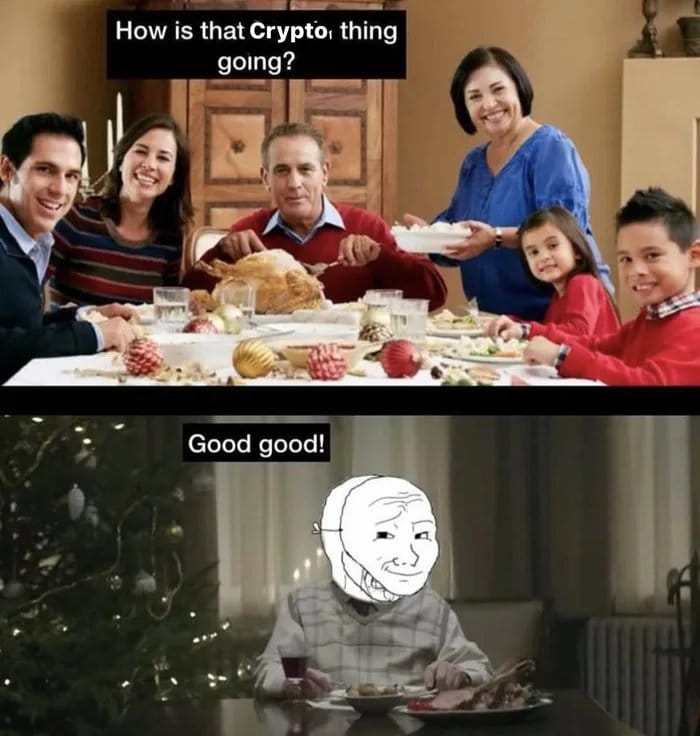 Meme about family gatherings and the contrast of sentiments around cryptocurrency.