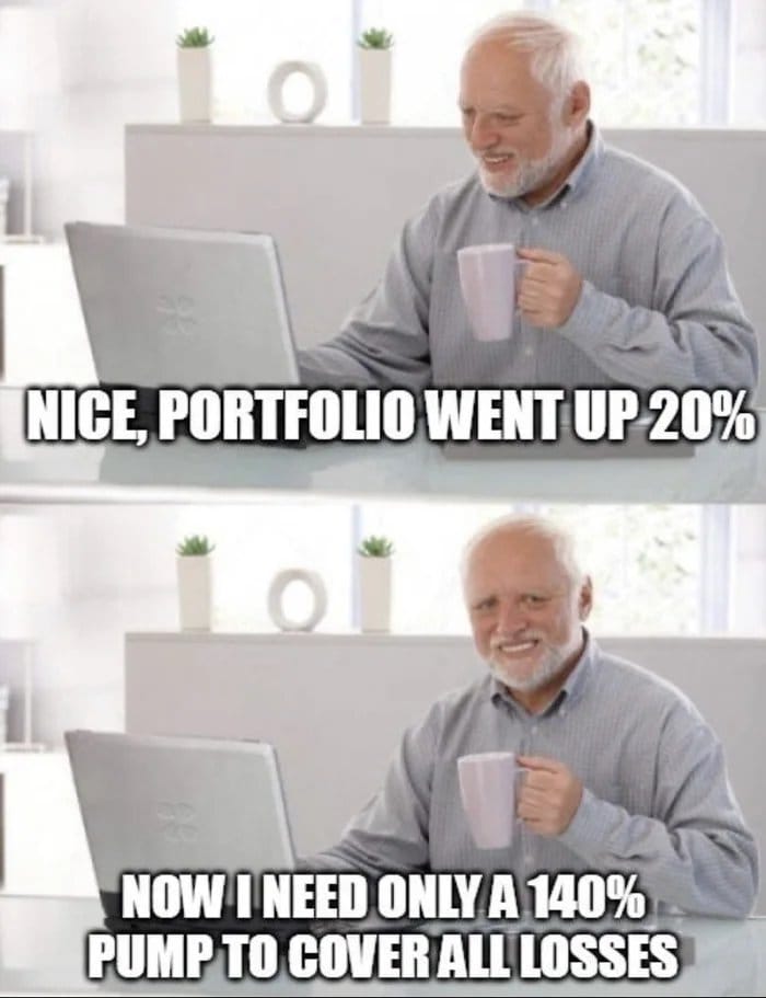 Meme about financial optimism quickly turning into an absurd need for recovery.