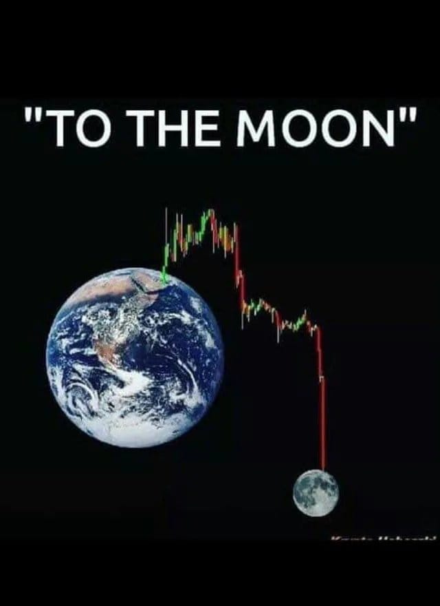 Meme about cryptocurrency trading and the phrase "to the moon."