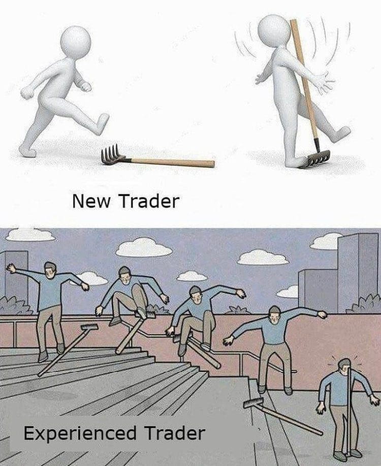 Meme about the contrasting experiences of new and experienced traders dealing with risks.