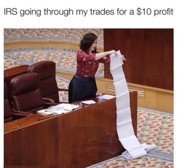 Meme about the IRS overreacting to minor profits in trading.