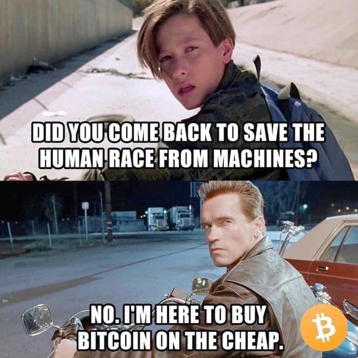 Meme about choosing cryptocurrency over saving humanity from machines.