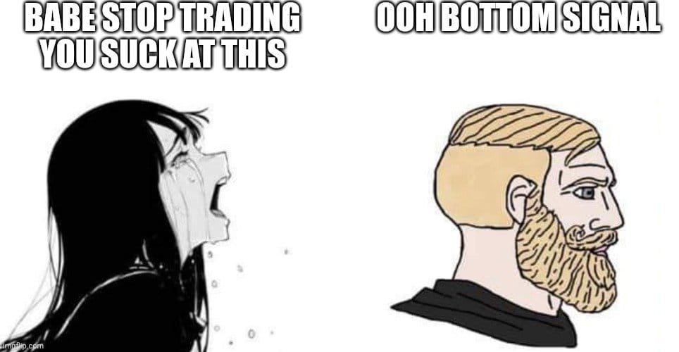 Meme about trading advice and contrasting emotions in relationships.
