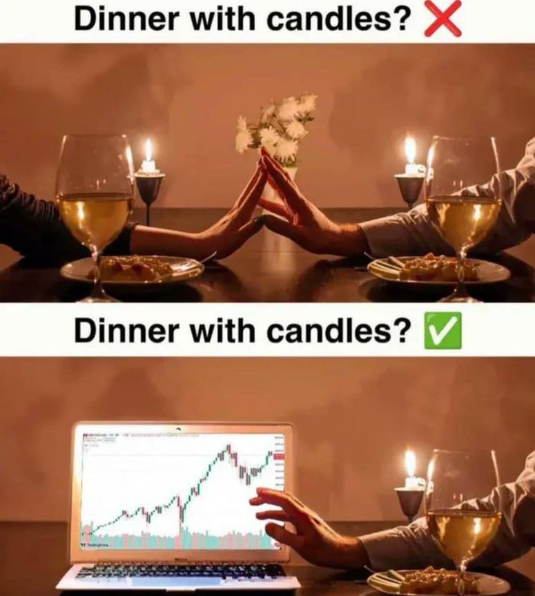 Meme about the contrast between romantic dinners and trading charts.