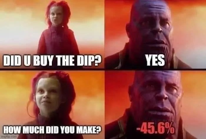 Meme about financial loss and disappointment in investment choices.