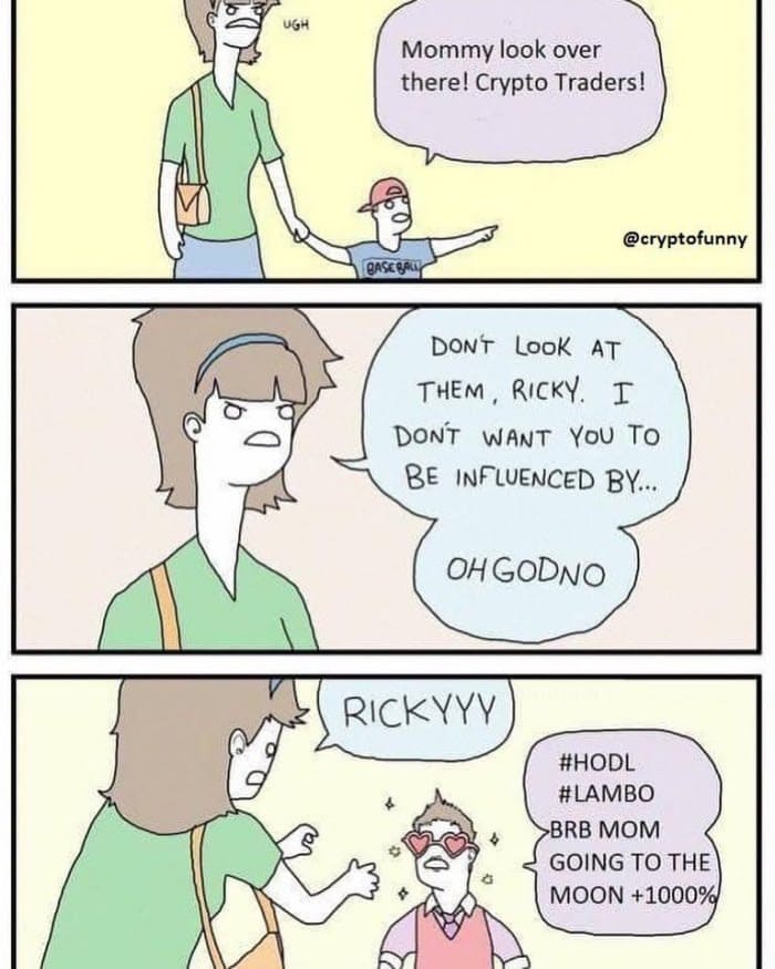 Meme about a child's fascination with crypto traders and a parent's concern. Meme about a child's fascination with crypto traders and a parent's concern.