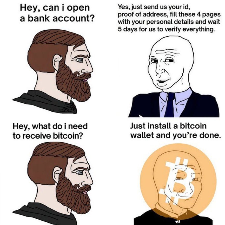 Meme about the contrast between traditional banking and cryptocurrency simplicity.