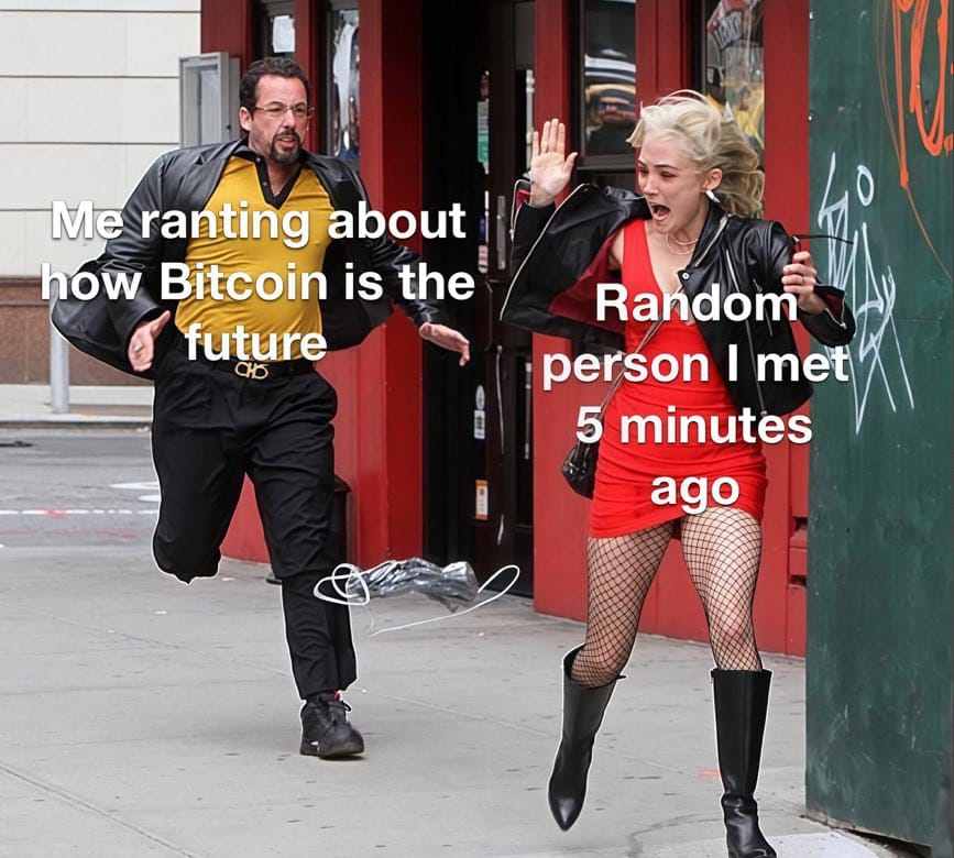Meme about an intense Bitcoin discussion overwhelming a new acquaintance.