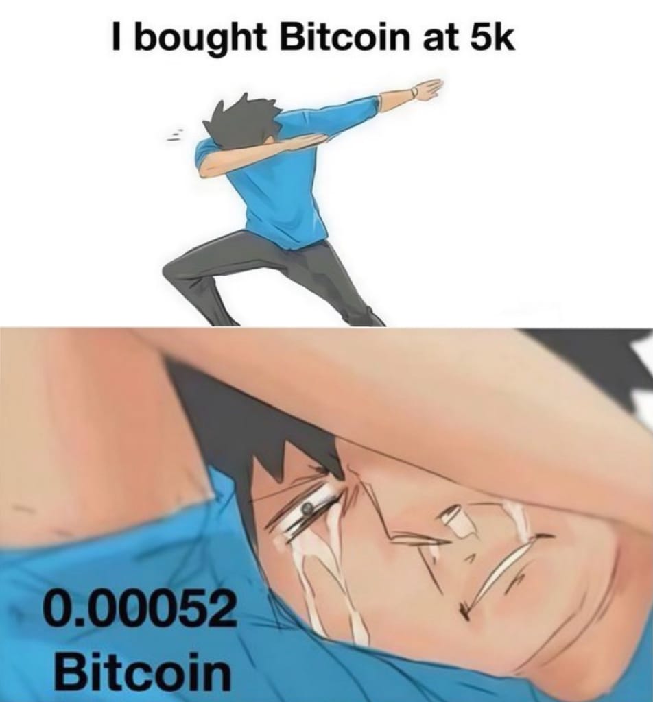 Meme about regret in investing in Bitcoin and facing financial losses.