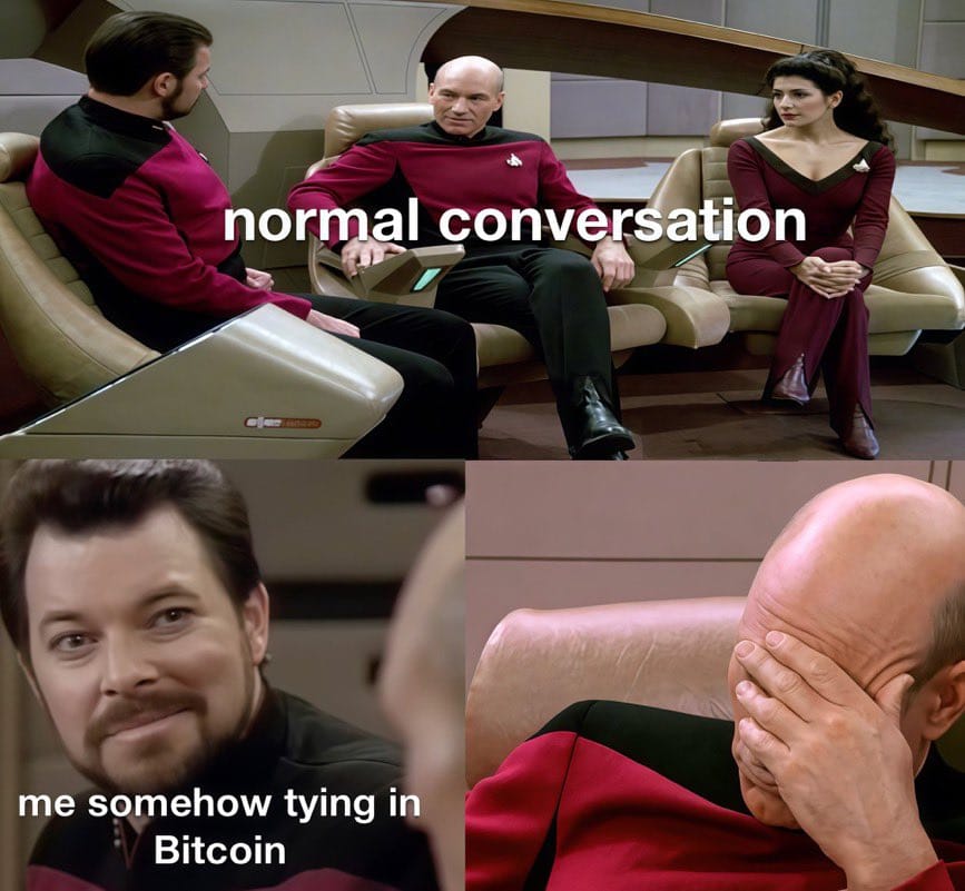 Meme about awkward conversations and unexpected Bitcoin references.