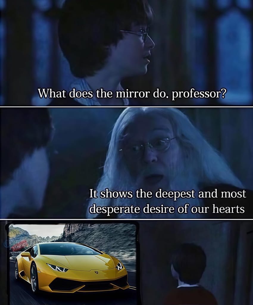 Meme about revealing one's deepest desires humorously represented by a luxury car.