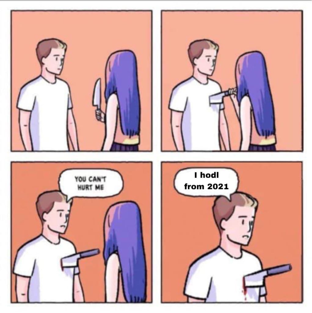 Meme about crypto resilience despite market challenges and emotional perseverance.