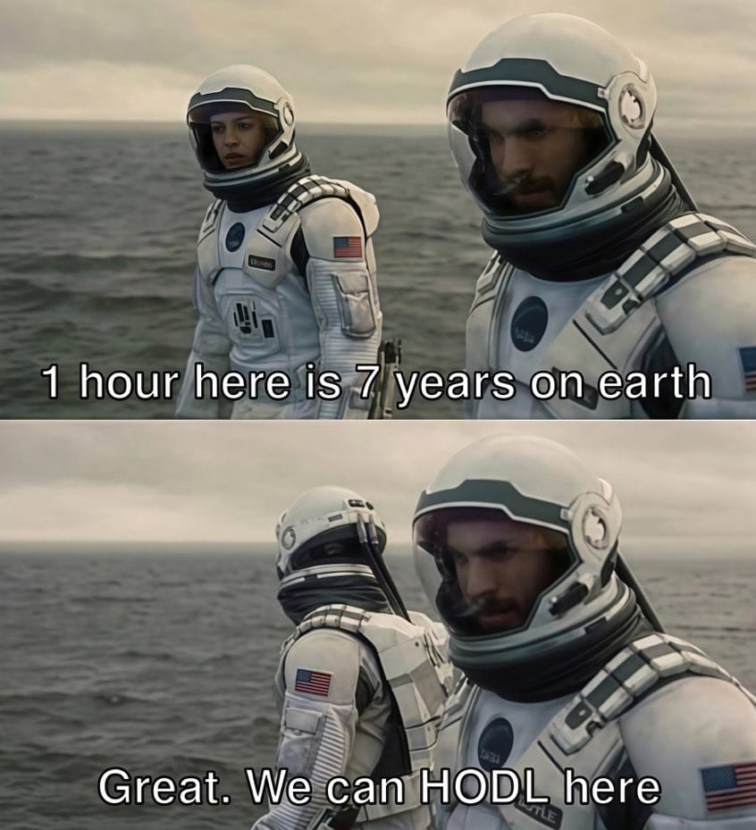 Meme about time dilation and crypto investing humor in space.