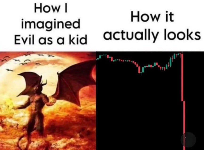 Meme about childhood fears of evil versus real-life struggles.