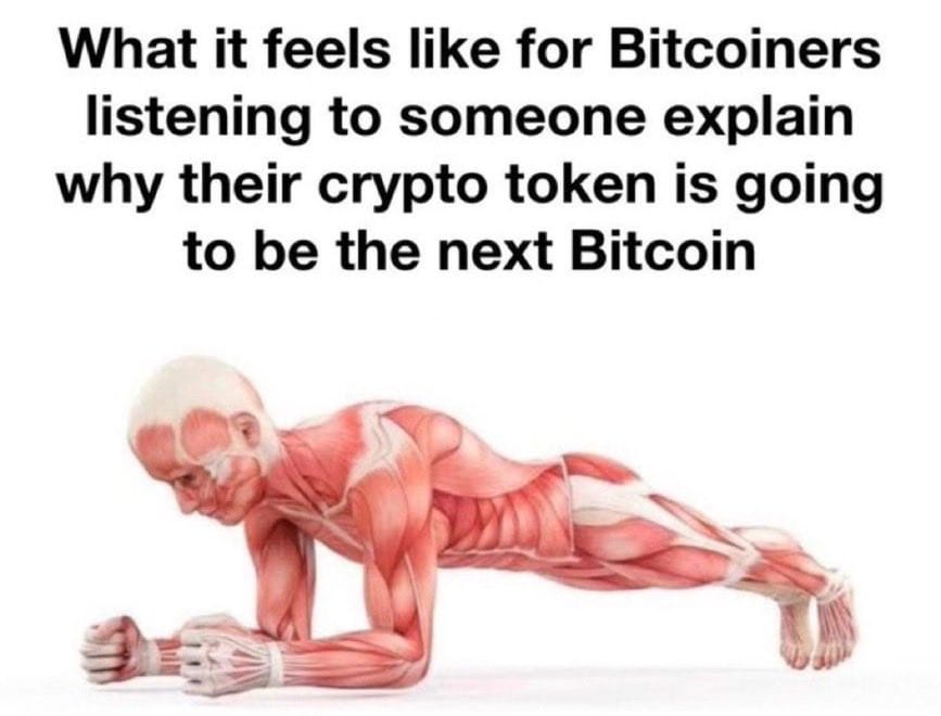 Meme about the skepticism of Bitcoiners towards new crypto token claims.