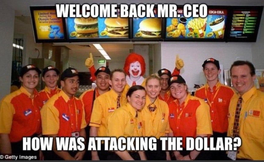 Meme about a fast-food team humorously welcoming back a CEO with a playful remark.