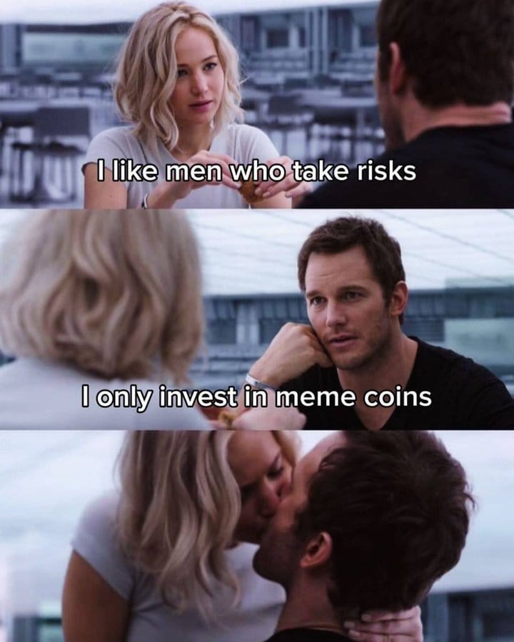 Meme about relationships and the humorous risks of investing in meme coins.