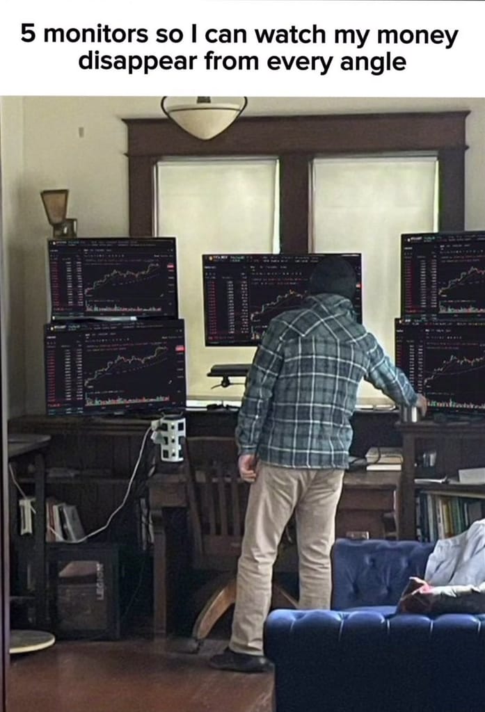 Meme about monitoring investing losses with multiple screens for a humorous effect. Meme about monitoring investing losses with multiple screens for a humorous effect.