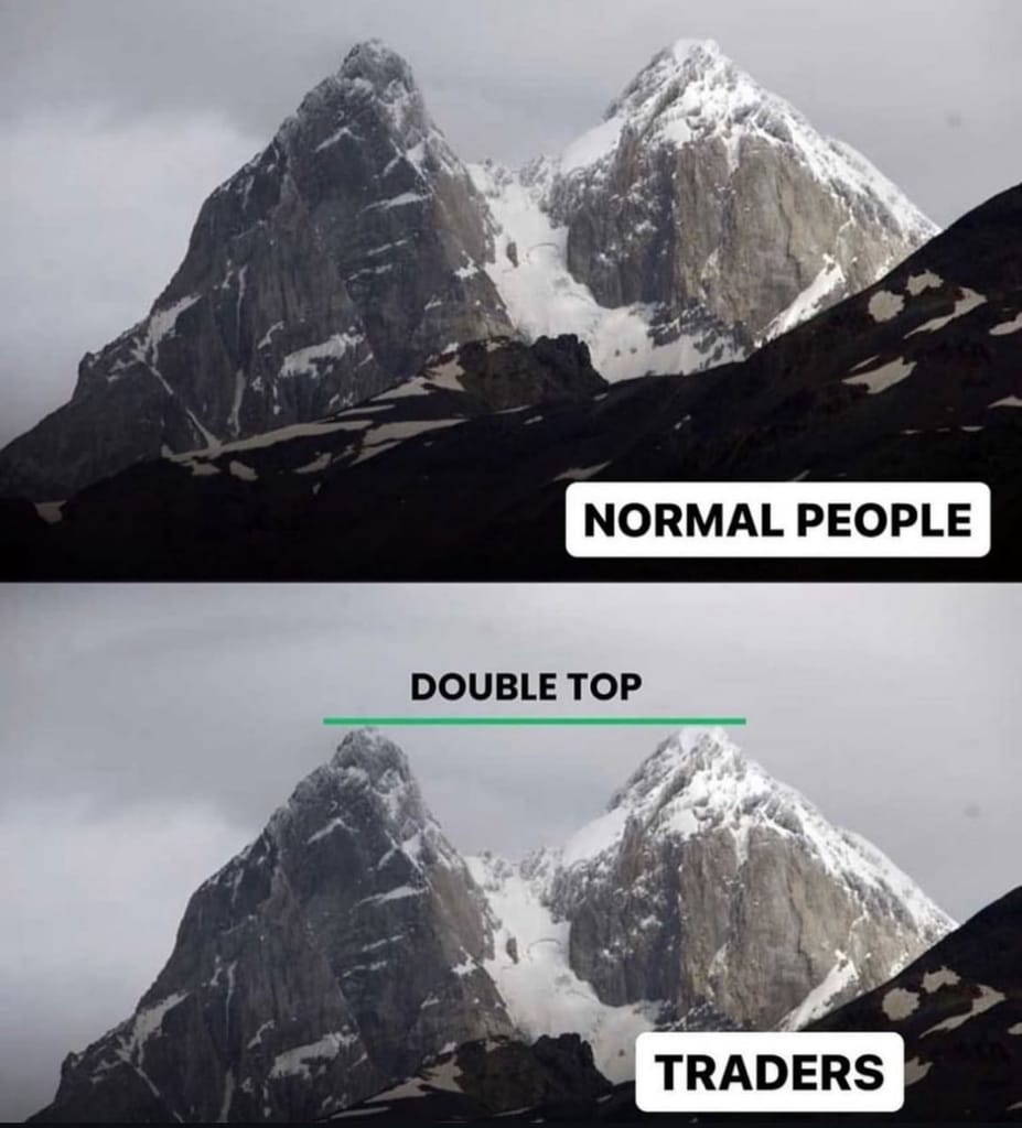 Meme about perspectives on peaks: everyday vs. trading analysis.