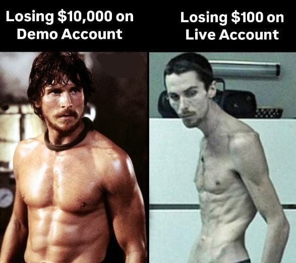 Meme about the dramatic contrast in reactions to demo vs. real money losses.