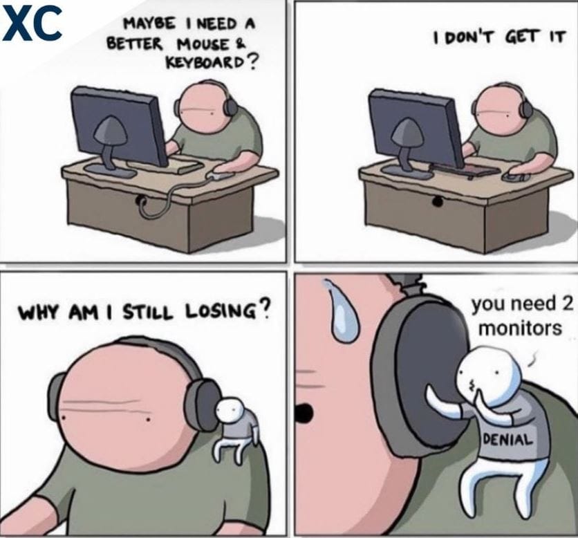 Meme about gaming struggles and humorous excuses for losing.