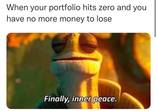 Meme about finding peace after financial loss and the end of stress.