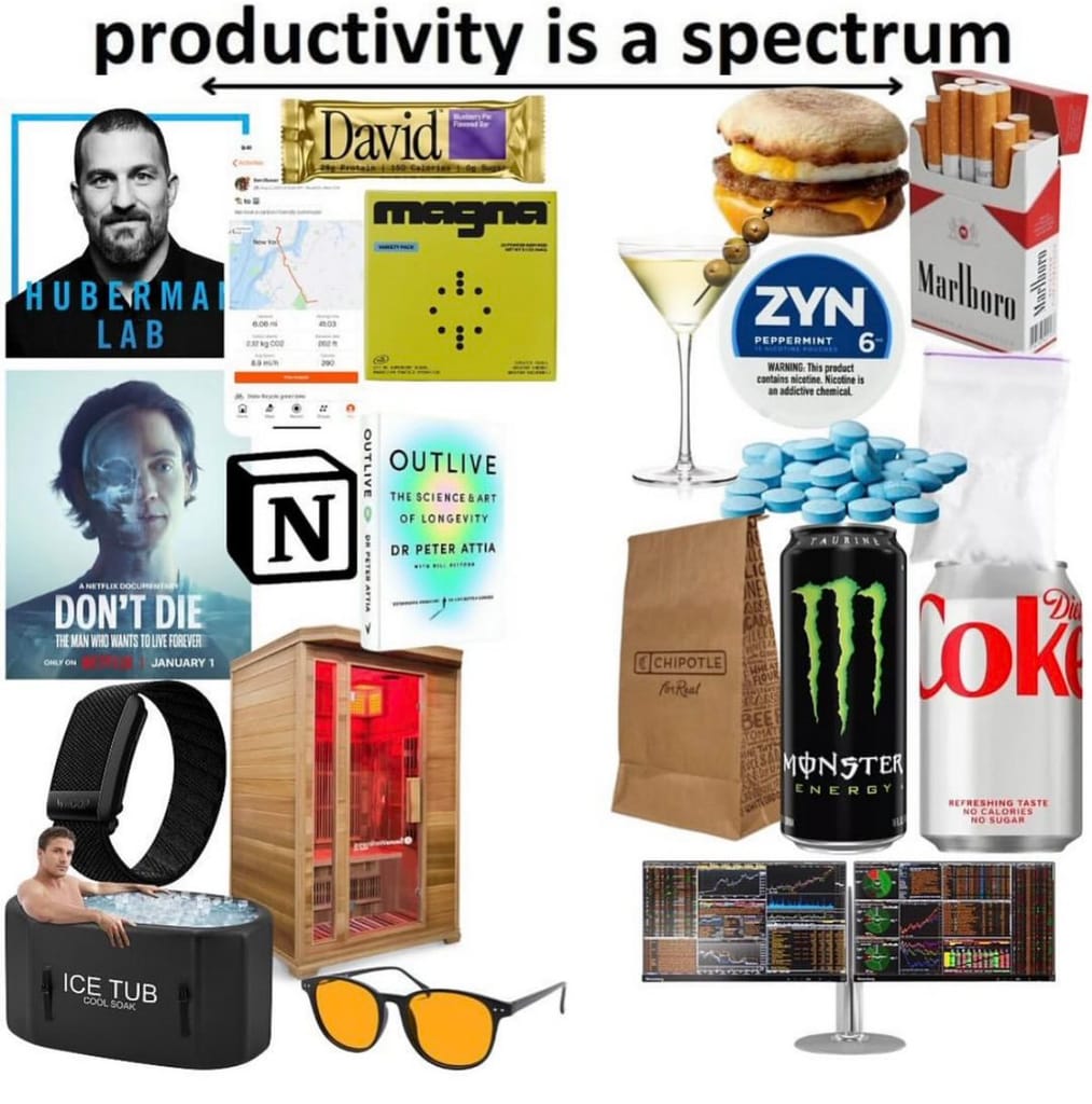 Meme about the spectrum of productivity, contrasting healthy habits and detrimental choices. Meme about the spectrum of productivity, contrasting healthy habits and detrimental choices.