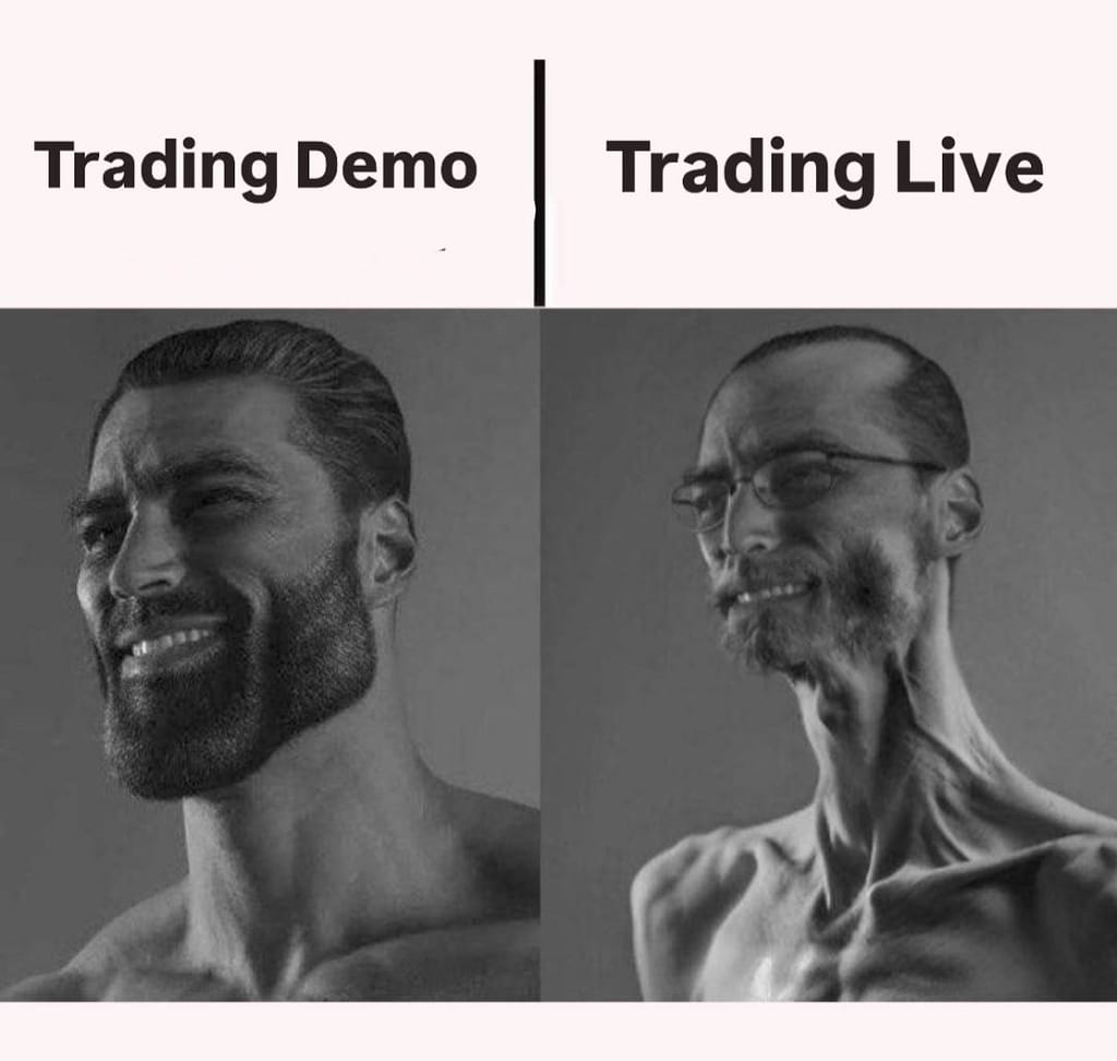 Meme about the contrast between simulated and real-life trading experiences.