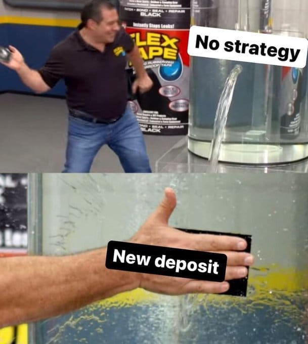 Meme about chaotic approaches versus planned actions in problem-solving.