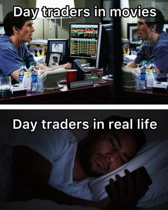 Meme about the stark contrast between movie portrayals and real-life day trading experiences. Meme about the stark contrast between movie portrayals and real-life day trading experiences.