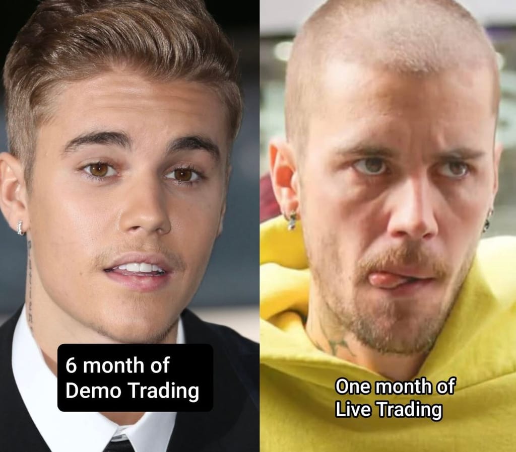 Meme about the dramatic transformation between demo and live trading experiences.