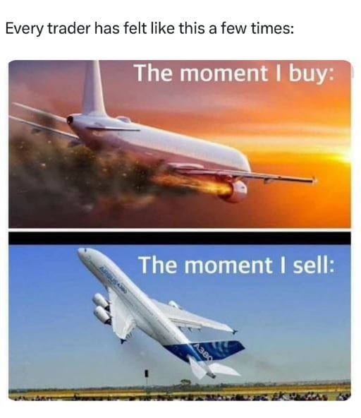 Meme about the ups and downs of trading emotions through airplane imagery.